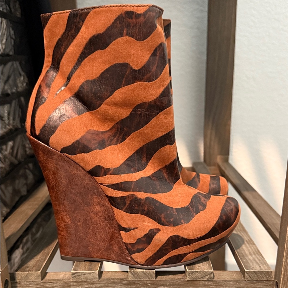 Bakers Orange and Brown Animal Print Wedge Boots